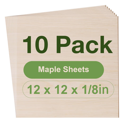 Rowood 10 Pack Maple Plywood 1/8,12x12x1/8inch,3mm Wood Sheets Thin Unfinished Maple Plywood for Laser Cutting and Engraving,DIY Adult Craft Project Kits for Ornaments, Models Drawing,Wood Burning