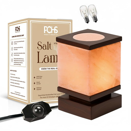 POHS 100% Authentic Cube Shape Himalayan Pink Salt Lamp with Brown Wooden Base, Dimmer Switch Cord and Two Bulbs, Night Light for Home and Office Table and Desk, Gift and Decor
