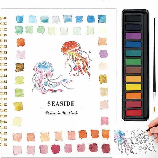 Beginner Watercolor Painting Kit with Seaside Watercolor Workbook, 12 Colors Watercolor Paint Set, Paint Brushes Included, Easy Art Set for Beginners