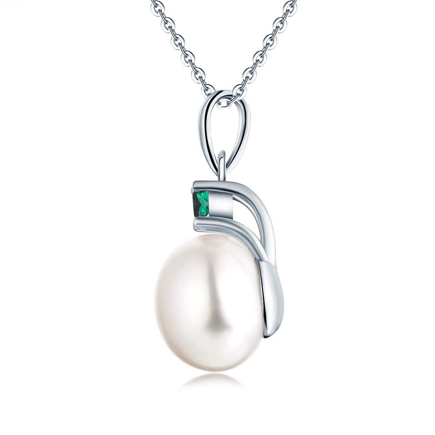 JO WISDOM Pearl Necklace,925 Sterling Silver Cubic Zirconia 10mm White Freshwater Pearl Pendant Necklace,Created Emerald May Birthstone Jewelry for Women