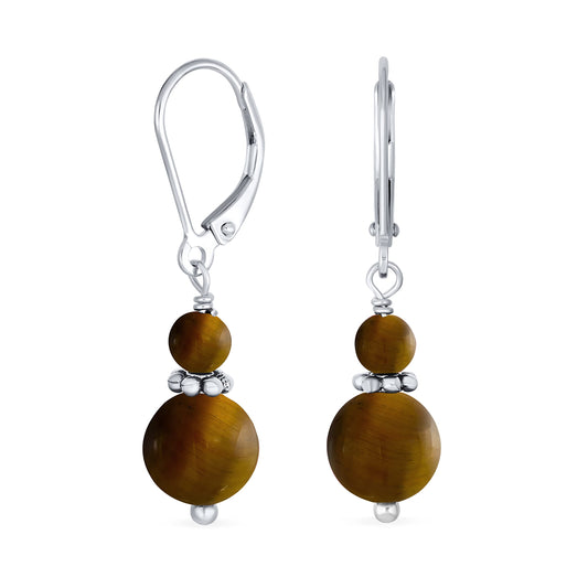 Bling Jewelry Bali Style .925 Sterling Silver Brown Tiger Eye Bead 3MM & 8mm Balls Drop Earrings Milgrain Rondel Separator Lever Back Genuine Gemstone