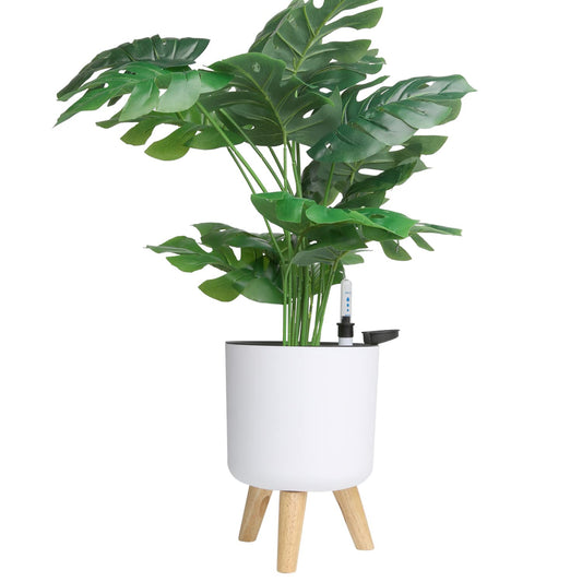 Ovlist 6.5" Self Watering Planters (2 Pack) for Indoor Plants with Water Indicator, White Modern Flower Pot with Wood Stand for Office Home Decor Garden