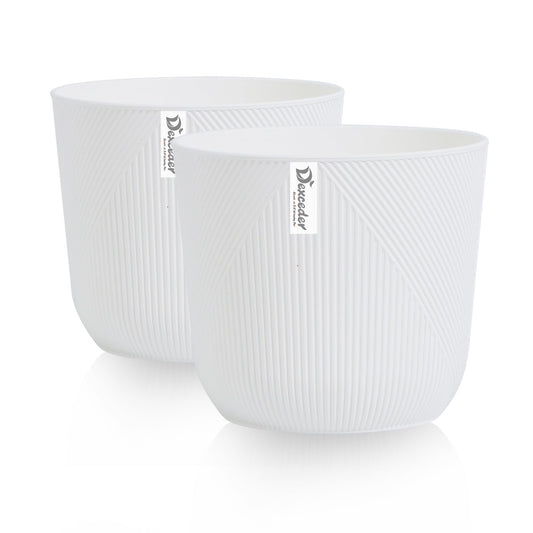 Dexceder 10x9 Striped Table Flower Plant Pot with Drainage Hole & Removable Plug (2 Pack, White)