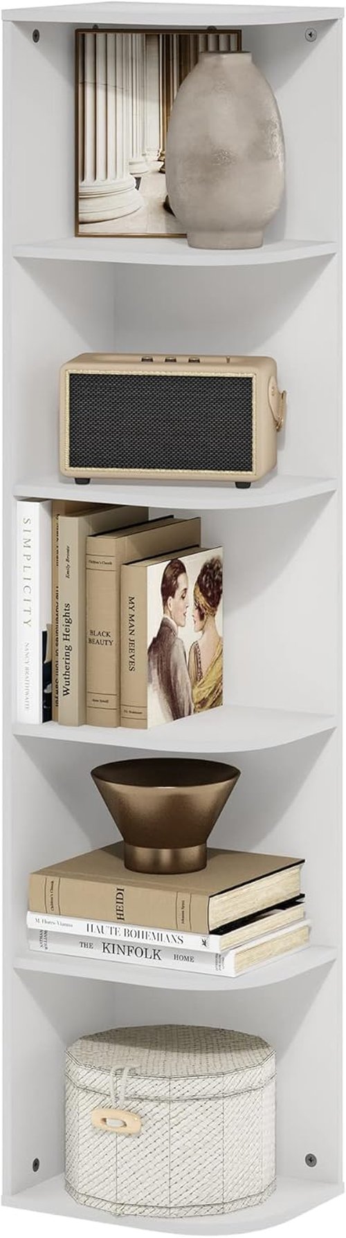 Furinno PASIR 5-Tier Corner Bookshelf - Stylish Open Shelf Bookcase for Home Organization | White, 9.3 x 12 x 51.7
