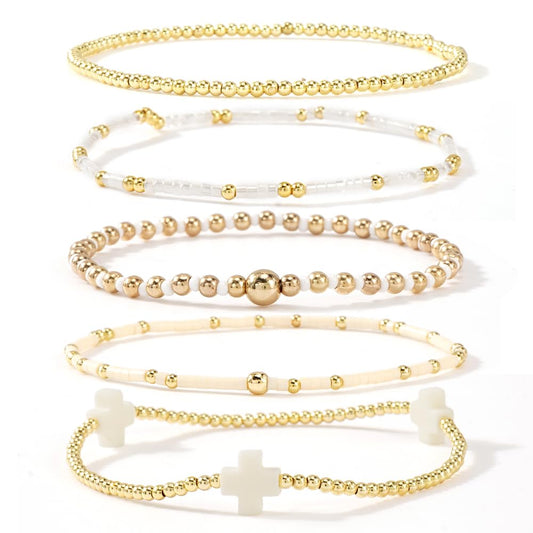 Bohxantium Gold Beaded Stretch Bracelets Stack for Women - 14k Gold Stackable Elastic Cross Bracelet, White Waterproof Stretchy Seed Beads Jewelry Christian Faith Friendship Summer Beach Mothers Day Gifts