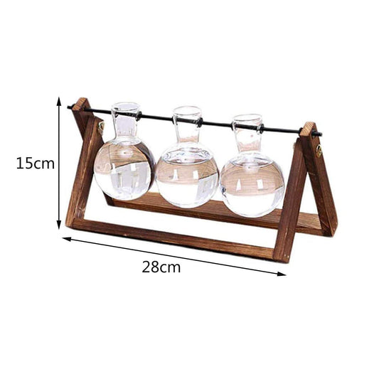 Water Planting Glass Vase Desktop Glass Planter Bulb Vase Hanging with Retro Solid Wooden Stand for Hydroponics Plants Home Office Decor (Three)