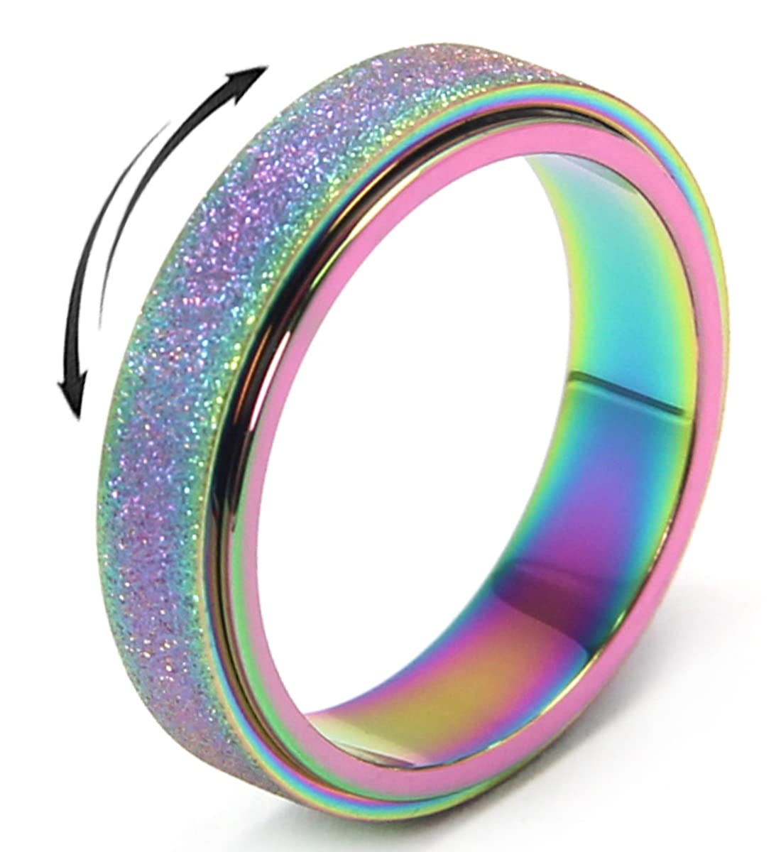 OreilleStar Anxiety Ring for Women Fidget Spinner Ring Fidget Toys Adults Titanium Stainless Steel Thumb Ring 6mm Wide Rainbow Size 10