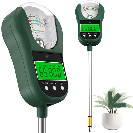 Jxikatx 7-in-1 Soil Test Kit, Soil Moisture Meter/pH Meter/Light Intensity/Fertility/Air & Soil Hygrometer Temperature with Large Dual Display for Garden,Lawn, Farm, Indoor Outdoor Plants-OliveGreen
