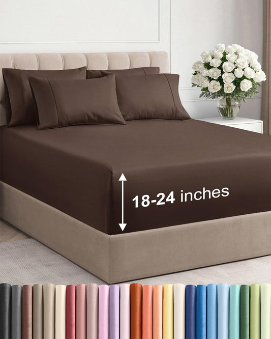 Skiennix Extra Deep Full Sheet Set | 6-Piece Breathable Cooling Bedding - Soft, Wrinkle-Free, Brown