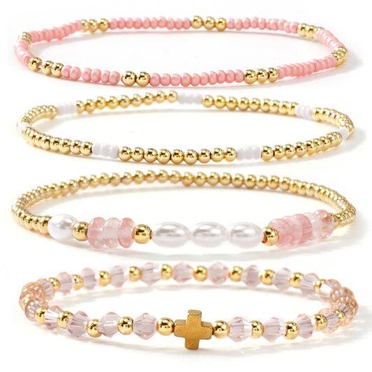 Bohxantium Gold Pearl Crystal Cross Bracelet for Women 14K Gold Plated Beads Pearl Pink Crystal Beaded Bracelet Stack Stretch Stackable Non Tarnish Trendy Jewelry Friendship Christian Gift for Women