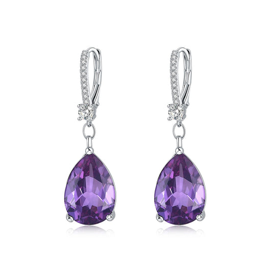 BAMIKI Sterling Silver Teardrop Leverback Dangle Earrings for Women Hypoallergenic, 10×14mm Pear Amethyst Birthstone Purple Cubic Zircon Drop Earrings Trendy Jewelry Gifts for Wife Daughter Mother