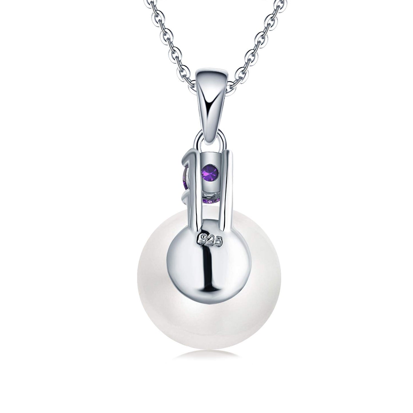 JO WISDOM Women Necklace,925 Sterling Silver Cubic Zirconia 10mm White Freshwater Pearl Pendant Necklace,February Birthstone Amethyst Color
