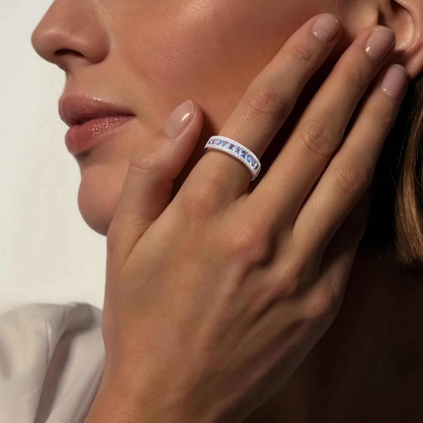 RANDES Blue Topaz Ring 925 Sterling Silver Half Eternity Band Rings for Women Channel Set December Birthstone Ring Size 7