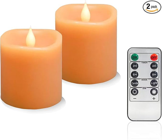 Fall Flameless LED Candles 3 inch Diameter Real Wax 2AA Battery Operated 600hr+ Flickering Candles with Timer Remote Control for Halloween Thanksgiving Christmas Indoor (Orange, 3″×3″- 2 PCS)