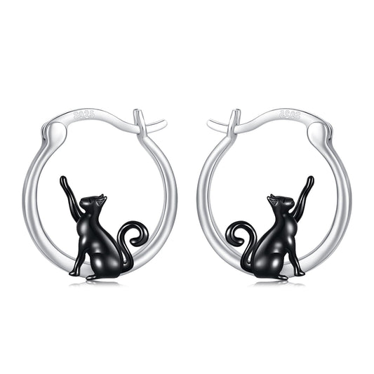 Black Cat Earrings for Women Girls 925 Sterling Silver Hypoallergenic Cute Hoop Earrings for Sensitive Ears Jewelry Graduation Gifts for Cat Lovers