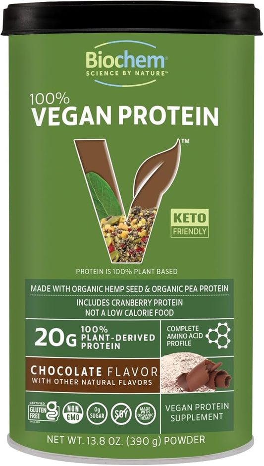 Biochem Vegan Protein Powder ??20g Plant-Based Protein with Pea, Hemp & Cranberry ??Chocolate Flavor ??Keto Friendly, Certified Vegan, Gluten Free, Kosher ??13.6 oz