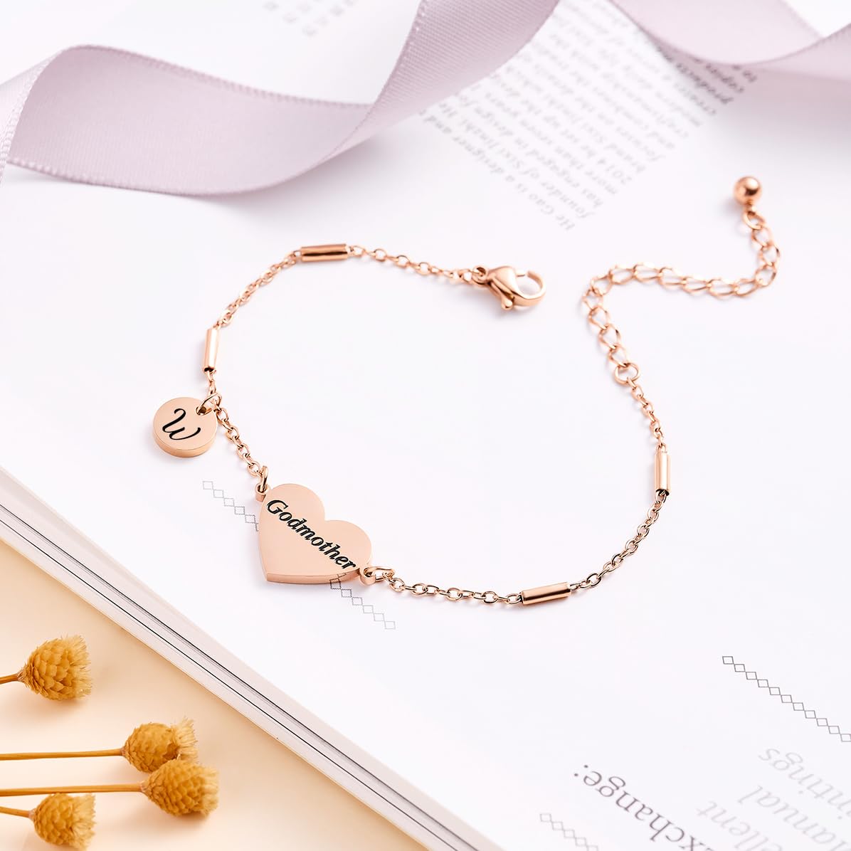 CHENVA Godmother Gifts Initial Bracelet Bangle for Women Gift for Godmother from Goddaughter (Godmother Bracelet-W-Rose Gold)