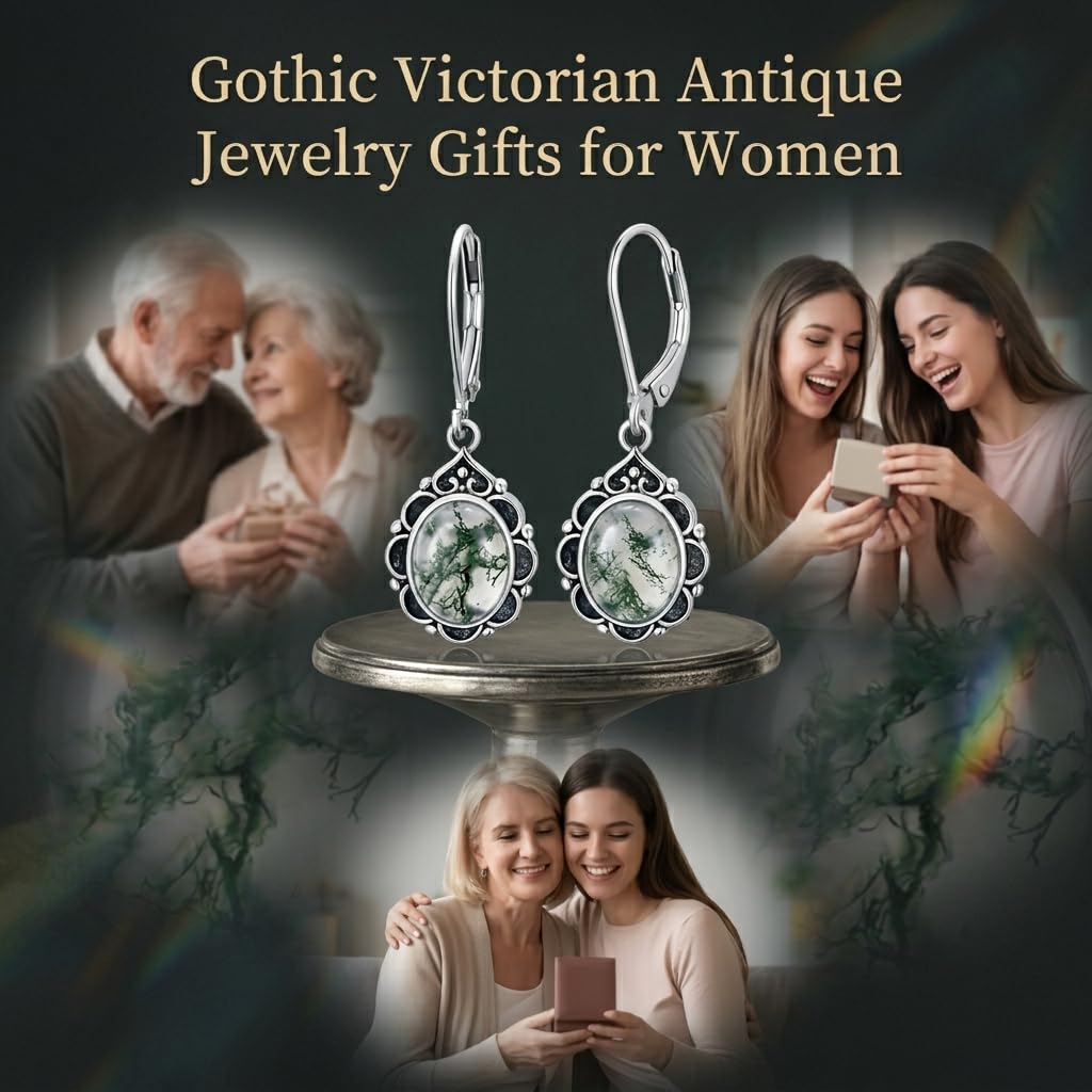 Moss Agate Drop Earrings for Women 925 Sterling Silver Vintage Oval 9x7mm Filigree Leverback Dangle Earrings, Gothic Victorian Antique Jewelry Gifts