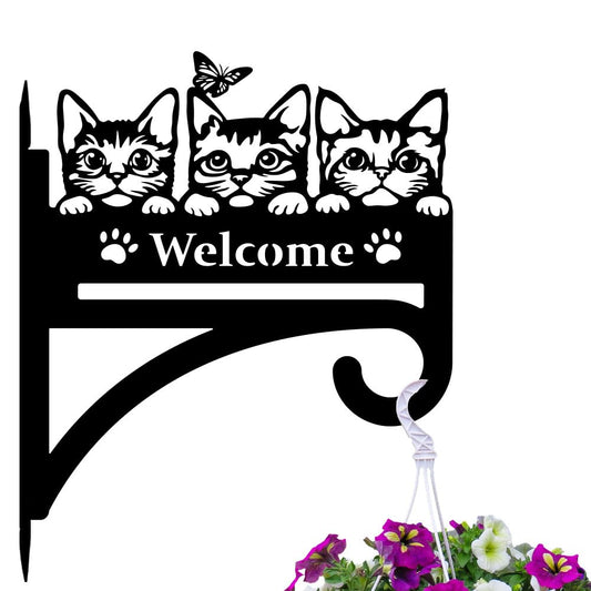 peacoblue Iron Plant Hangers Hooks Cat with Welcome for Outdoor Indoor Hanging Plants Flower Fern Pots Lantern Bird Feeder, 12"x15" Weather Resistant Metal Wall Holder for Porch Garden Farmhouse