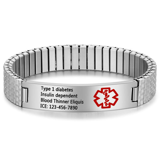 Bijouweled Medical Alert Bracelet for Women Men 7.5 to 9.8 Inches Emergency ID Bracelets Free Engraving Personalized Medic Alert Bracelet for Adult (Silver 7.3inch stretchable)