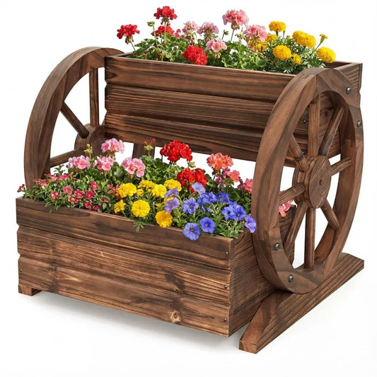 Piler Rustic 2-Tier Wooden Wagon Planter, Carbonized Fir Wood, Coffee Color, Raised Garden Bed with Wagon Wheel Design, 18 x 17.5 x 14 Inches, for Flowers, Herbs and Vegetables