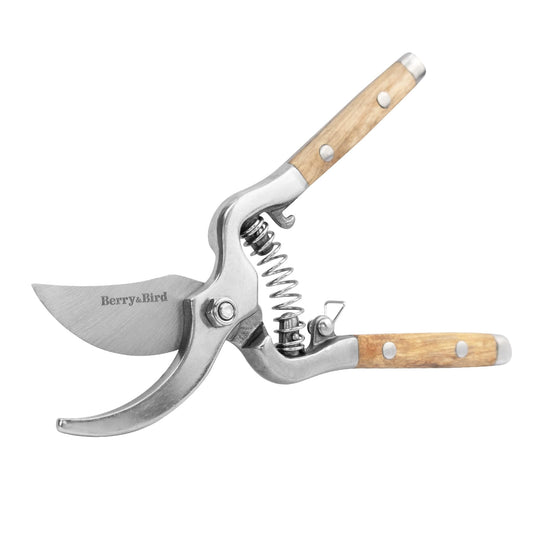 Berry&Bird 8'' Bypass Pruning Shears with Wooden Handle, Curved Blade Garden Hand Pruner, Stainless Steel Scissors Ultra Sharp Clippers for Gardening Trimming Cutting Bonsai Plant Flower & Picking