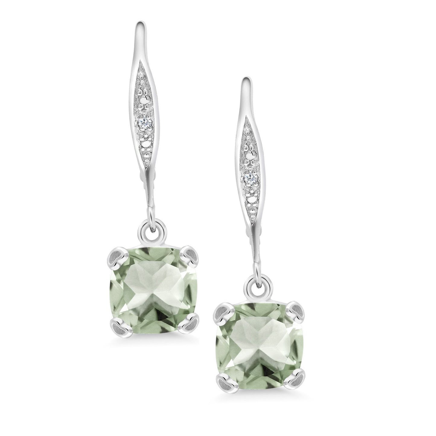 Gem Stone King Drop Dangle Earrings For Women | 7MM Cushion Cut Gemstone Birthstone and Diamond | 925 Sterling Silver | Jewelry Gift for Mom Wife Her | Prasiolite | Sterling Silver