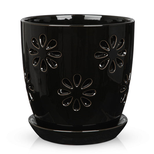 Oairse 6 inch Orchid Pots with Holes, Black Ceramic Orchid Pot for Repotting Small Indoor Plant Pots with Drainage Holes and Saucers Decorative Flower Planter for Orchids, Indoor Plant
