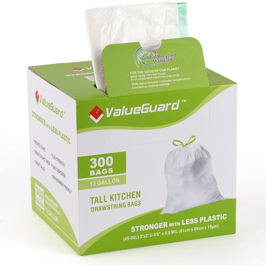 ValueGuard 13 Gallon Tall Drawstring Trash Bags - 100% Recycled Waste Bags for Kitchen & Office (300 Count)