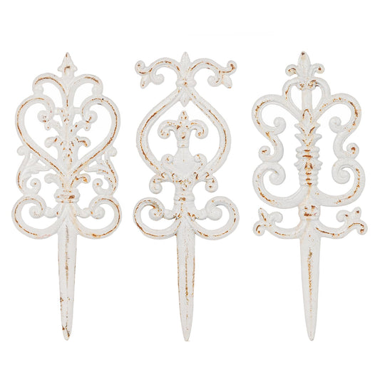 Sungmor Vintage Cast Iron Garden Stakes - 3PCS Ornate Metal Plant Stakes for Yard Art, Patio,Lawn Ornamentation,5.3inch Tall Antique White Finish,Exquisite Garden Decor