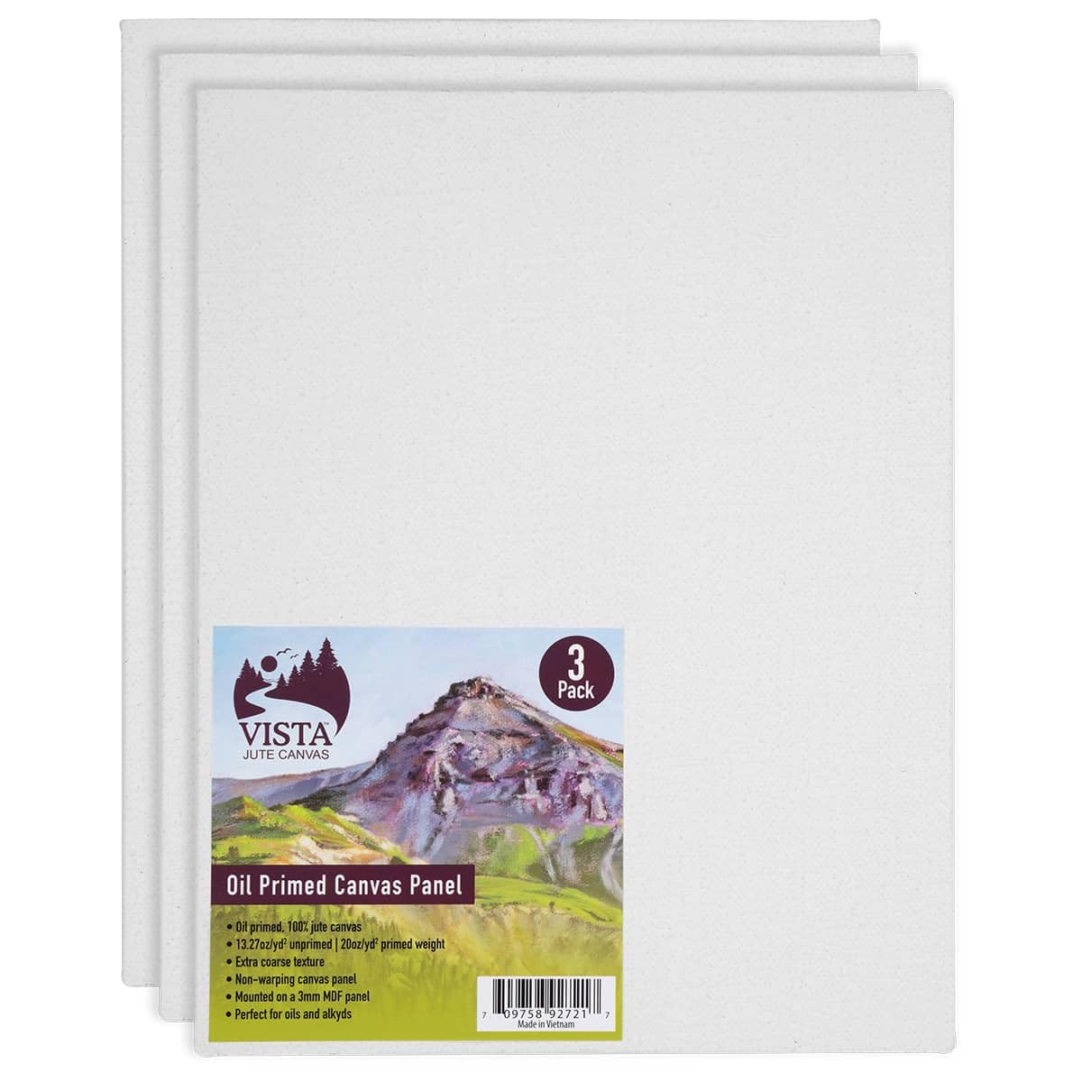 Vista Jute Oil-Primed Canvas Panels - 5"x7", 3 Pack - Blank Canvas for Traditional Oils, Eco Friendly, 100% Jute, Triple Primed, Extra Coarse Texture, Ideal for Dry Brush and Impasto Techniques