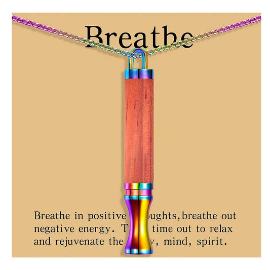 BOLAGTIER Mindful Breathing Necklace: Natural Wood Fidget Charm for Anxiety Relief & Quit Smoking Aid, Stainless Steel Sensory Pendant to Calm Your Mind (Rainbow)