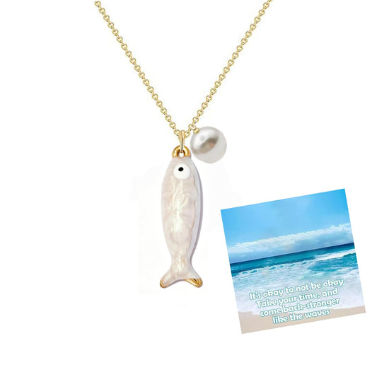 Boho Fish Charms Necklace for Women, Colorful Enamel Cats Eye Summer Sea Ocean Hawaiian Dainty Lucky Fish Pearl Pendant Necklaces Minimalist Surfer Jewelry for Her (White)