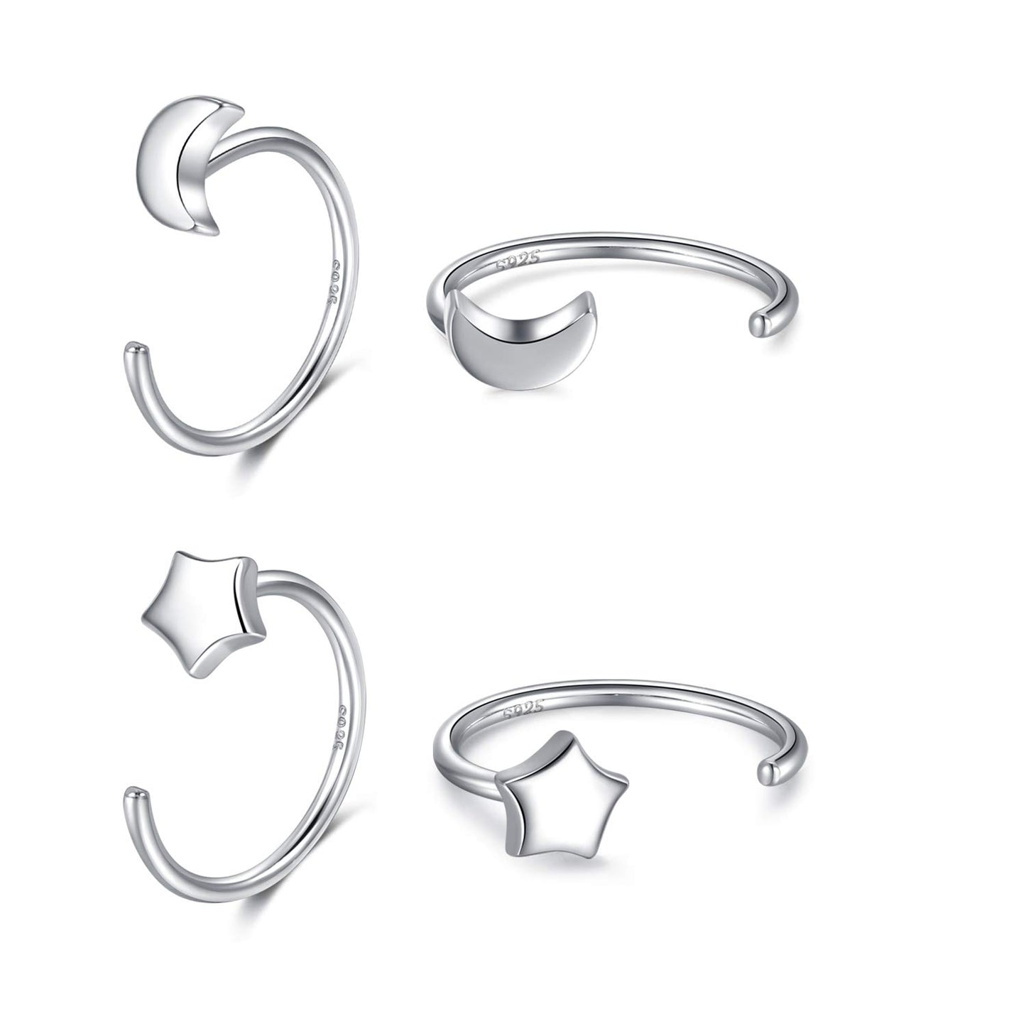 925 Sterling Silver Moon Star Hoop Earrings for Women Crescent Moon Hug Half Open Huggie Earrings Set 2 Pairs