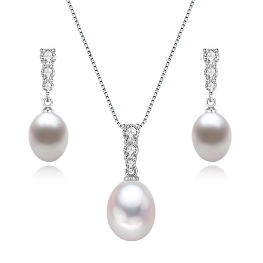 BAMIKI Pearl Necklace and Earrings Set, Freshwater Cultured Pearl Jewelry Set in 925 Sterling Silver with CZ - Elegance for Wife, Mom, Girlfriend on Anniversary, Mother's Day, or Birthday