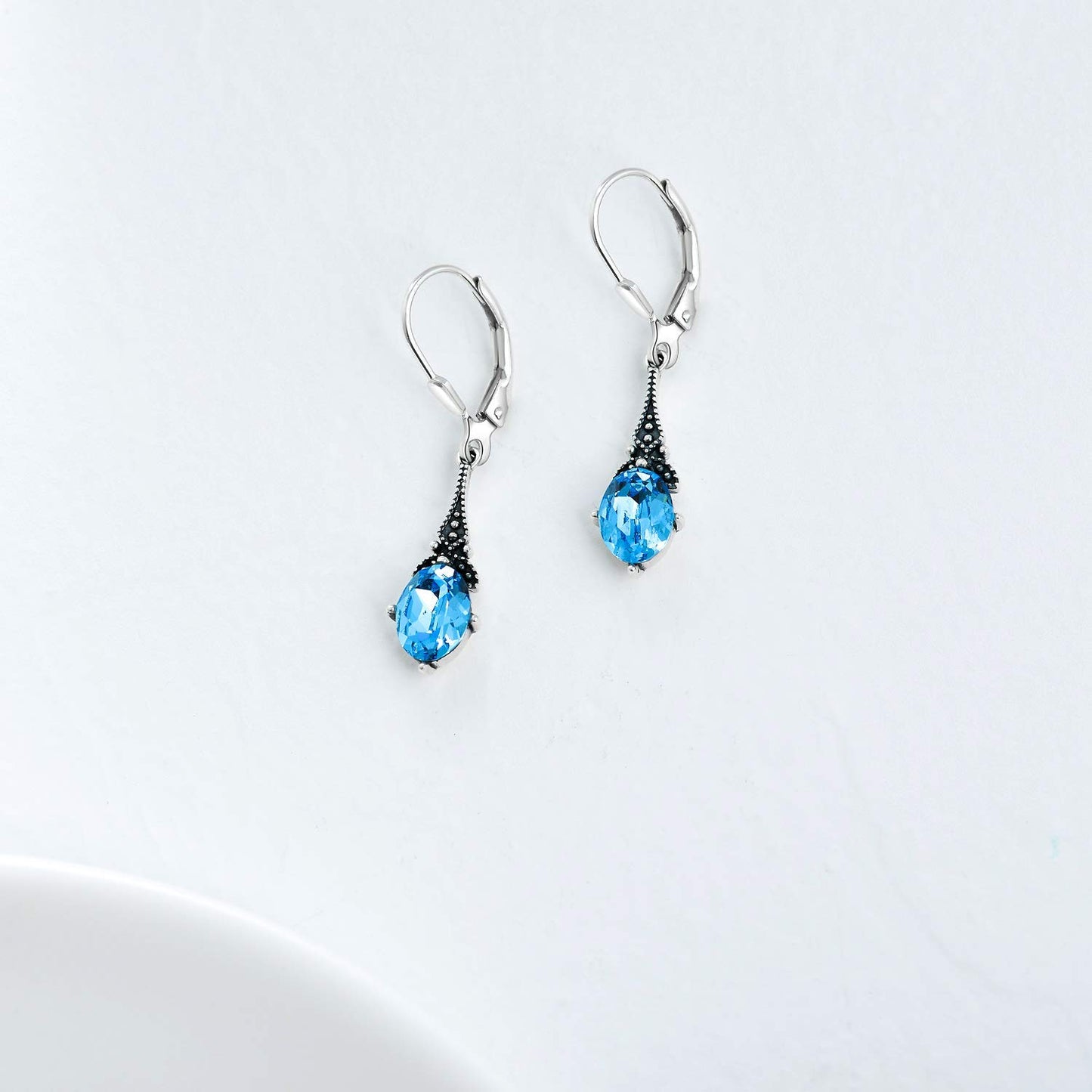 Leverback Drop Earrings Sterling Silver Retro Vintage Earrings with Oval Simulated Aquamarine, Crystal from Austria, Birthstone Earrings Gifts for Women
