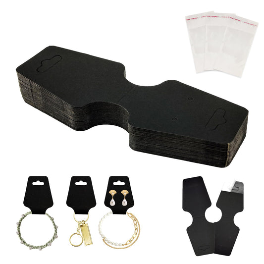 200pcs Jewelry Display Cards with Adhesive,1.7*4.7inch Necklace Display Kraft Cards with 200pcs Packaging Bags Jewelry Holder Cards Hanging for Earring Hair Band Keychain Scrunchies (Black)