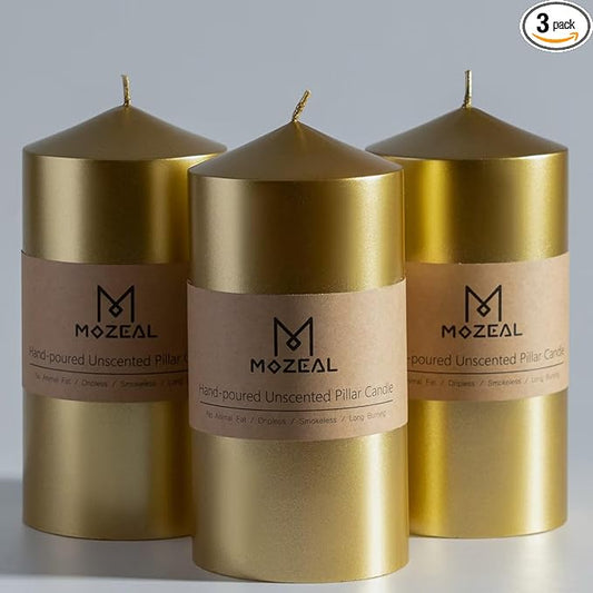 MOZEAL 3" x 6" Hand-Poured Unscented Gold Pillar Candles,Dripless Candles Set of 3,Long Lasting Burning,Approx 100 Hours Burn Time for Wedding,Dinner,Christmas and Home Decor