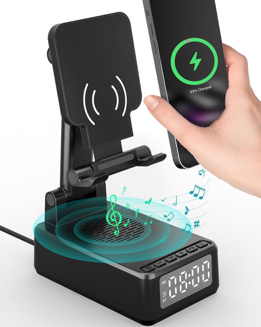 Bitswolee Gifts for Men Cell Phone Stand with Wireless Bluetooth Speaker and Wireless Charger, Phone Charger Stand