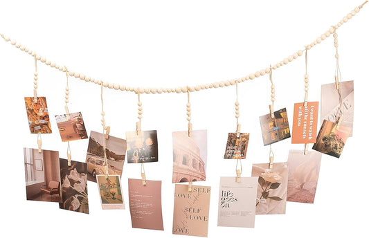 Skiennix Hanging Photo Display - 18 Wooden Clips | Boho Wall Décor for Bedroom & Living Room