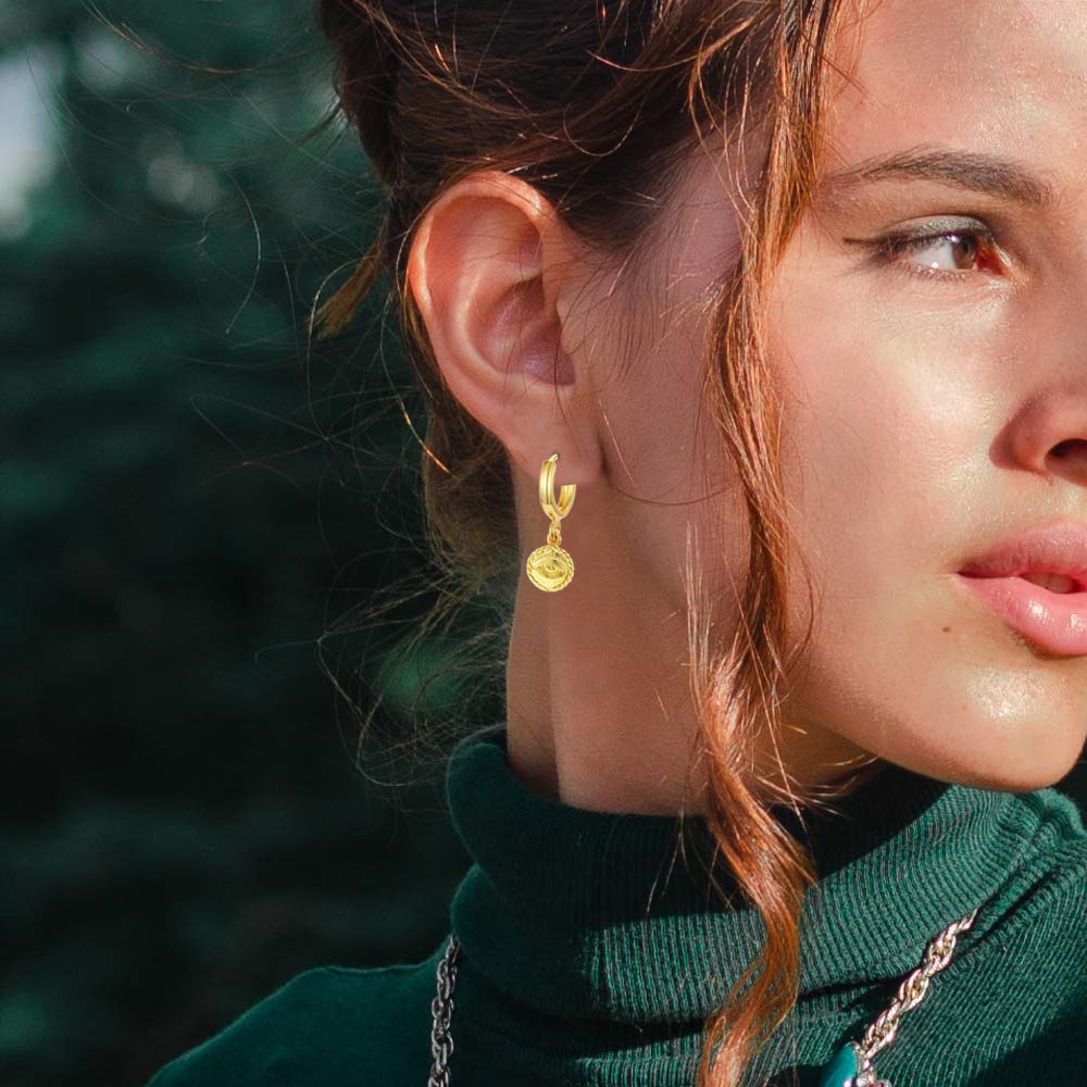 Evil Eye Dangle Drop Hoop Earrings With Small Charm 18K Gold Plated Vintage Huggie Hoops Elegant Dangling Jewelry for Women