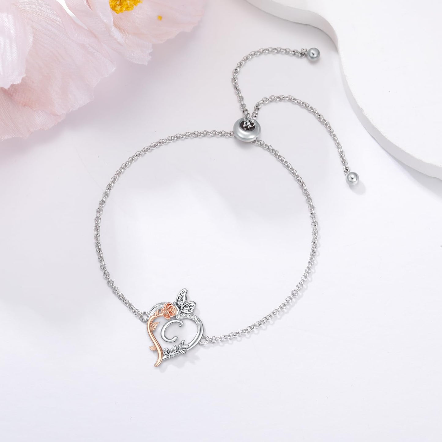 TOUPOP Rose Heart Bracelet for Women Sterling Silver Heart Initial C Letter Bracelet Butterfly Love Jewelry Anniversary Birthday Mothers Day Gifts for Mom Wife Her Girlfriend
