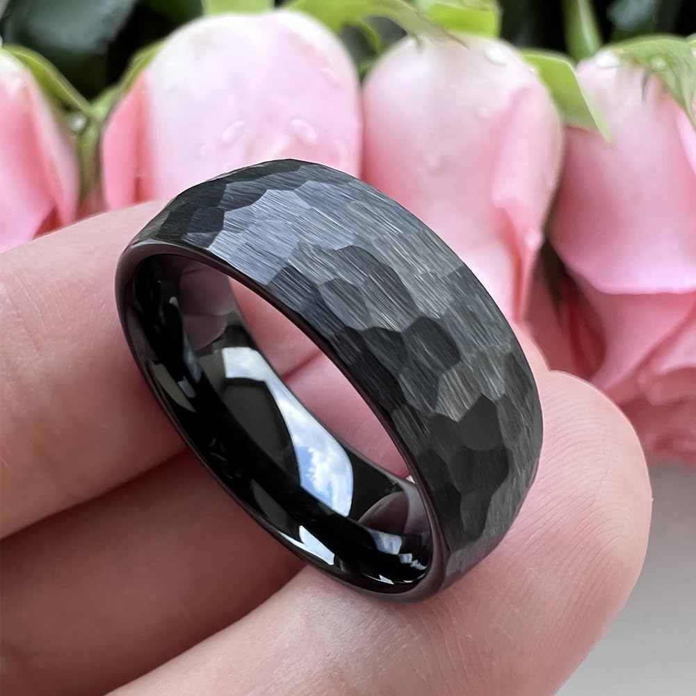 TUTISS 8mm Black Hammered Tungsten Carbide Rings for Men Women Engagement Wedding Bands Domed I Love You Engraved Comfort Fit Size 6
