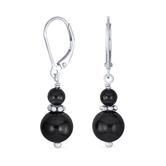 Bling Jewelry Bali Style .925 Sterling Silver Black Onyx Bead 3MM & 8mm Balls Drop Earrings Milgrain Rondel Separator Lever Back Genuine Gemstone