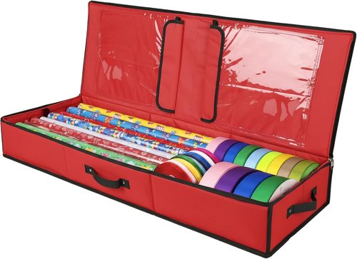 Mobi Lock Wrapping Paper Storage Box - Durable Red Organizer with Zipper & Pockets | Holds 24-30 Rolls