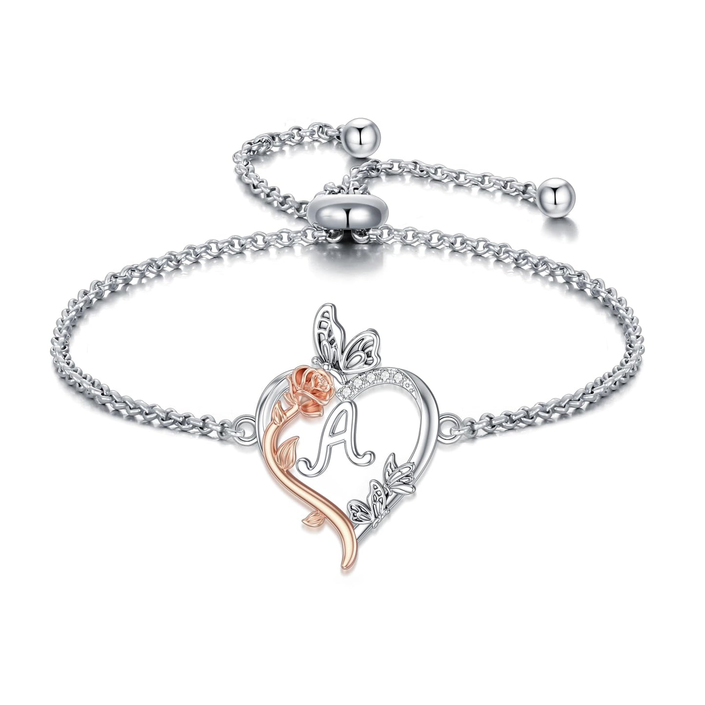 TOUPOP Rose Heart Bracelet for Women Sterling Silver Heart Initial A Letter Bracelet Butterfly Love Jewelry Anniversary Birthday Mothers Day Gifts for Mom Wife Her Girlfriend
