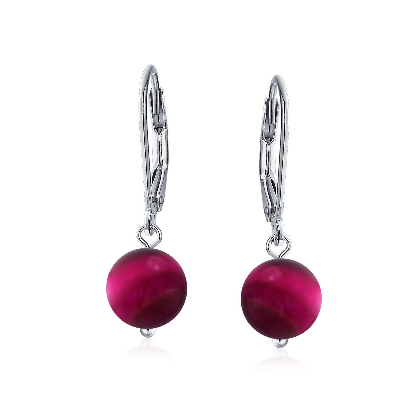 Bling Jewelry Timeless .925 Sterling Silver Pink Fuchsia Tiger-Eye Bead 8mm Ball Drop Earrings Lever Back Genuine Gemstone
