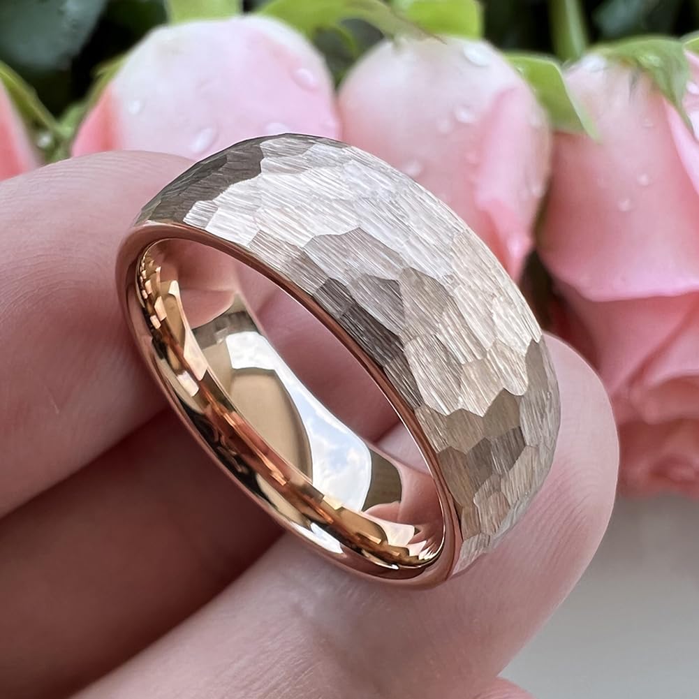 TUTISS 8mm Rose Gold Hammered Tungsten Rings for Men Women Engagement Wedding Bands Domed Matte Finish Comfort Fit Size 6