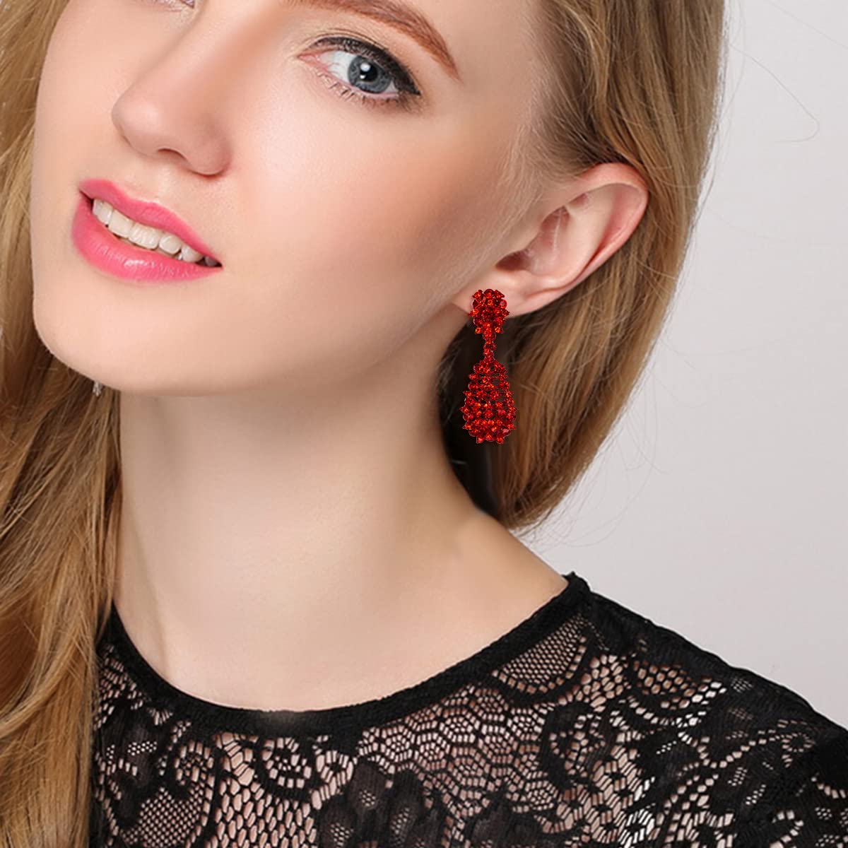 EVER FAITH Women's Costume Jewelry Crystal Floral Behimia Hollow Teardrop Dangle Clip-on Earrings Red Red-Tone