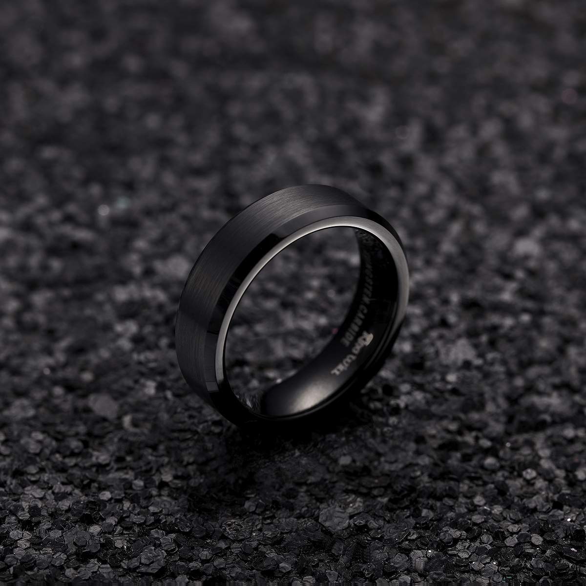 King Will 6mm Men's Black Wedding Ring - Brushed Matte Surface, Beveled Polished Edge, Comfort Fit Size 13